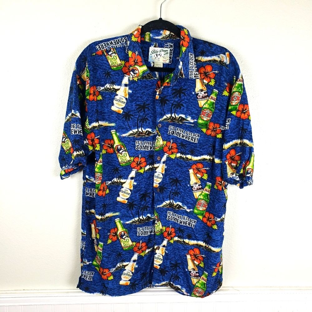 Men's Vintage Big Dog Hawaiian Its 5 O'clock Somewhere Button Up Shirt Size Lrg